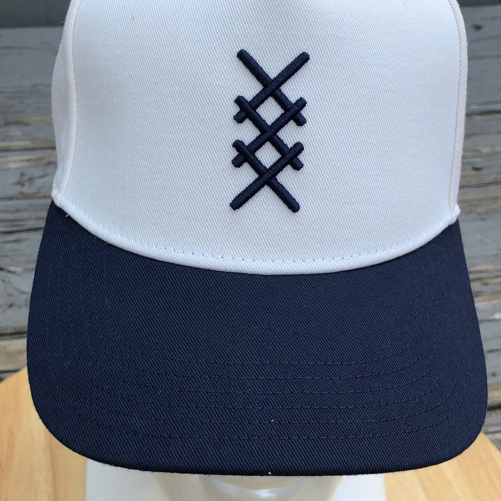 Rhone Trucker Golf Hat Adjustable Performance Pickleball Cream Navy Blue Preppy